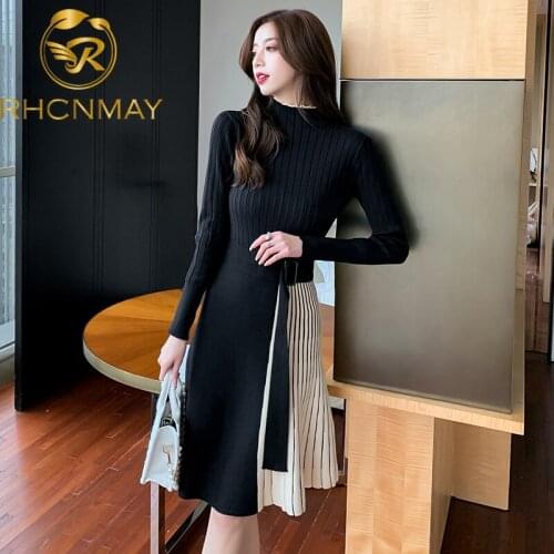 2021 New Winter Elastic Knitted Dresses Women Color matching Lace-up Sweater Dress Fashion Slim Work Office Vestidos