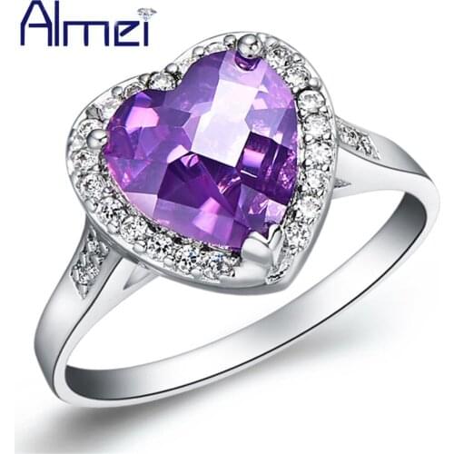 Almei Alibaba-Express Sale Purple Heart Rings Girl Silver Jewelry Anillos De Compromiso Engagement Ring Jewellery for Women J194