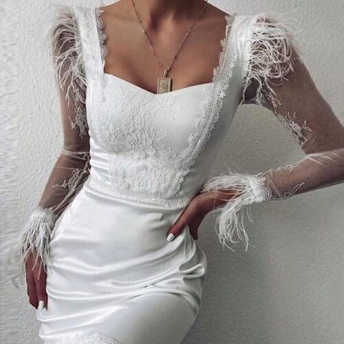 Fashion Feather Bandage Dress Womens Sexy Long Sleeve Lace Patchwork Bodycon Club Celebrity Evening Party Mini Dress 2020