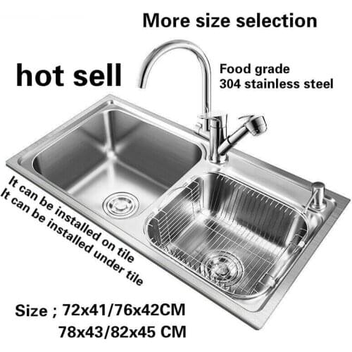 Free shipping large normal kitchen sink 0.8 mm food grade 304 stainless steel double groove hot sell 72x41/76x42/78x43/82x45 CM