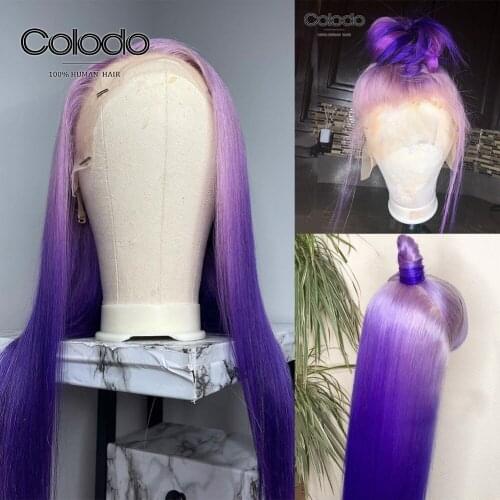 Light Purple Ombre Straight Lace Front Wig PrePlucked Bob Wig with Baby Hair Transparent Lace Human Hair Wigs with Bangs COLODO