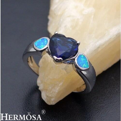 Hermosa Big Promotion Wedding Heart Natural Australian Opal BlueSapphire Promise Band Ring Size 6 7 DF69