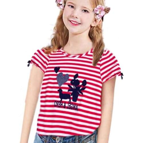 Cotton T Shirt For Kids Girl Striped Print Short Sleeve Basic Tops Cartoon Summer 2-10Y ChildrenS T-shirt Birthday Clothing