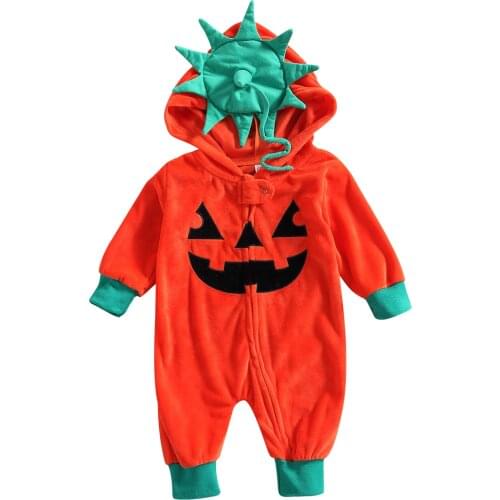 Infant Baby Girls Boys Pumpkin Hooded Romper, Long Sleeve Full Zip Jumpsuit Halloween Costume