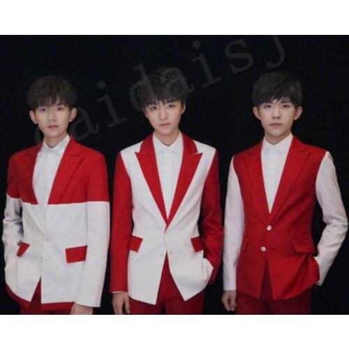 2020 New Korean Stage Red And White Splice Suits Jackets Nightclub Bar Men Singer Studio Stage Costume