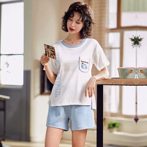 2019 summer new Thin Cartoon Printed short Sleeve Sleepwear Women Pajamas Set Cute Casual Homewear Female Pyjamas
