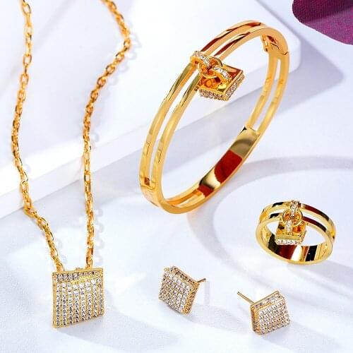 Blachette New Trendy Sweet Korean Geometric Square Pendant Necklace Earring Bangle Ring Set Zirconia Female Jewelry High Quality