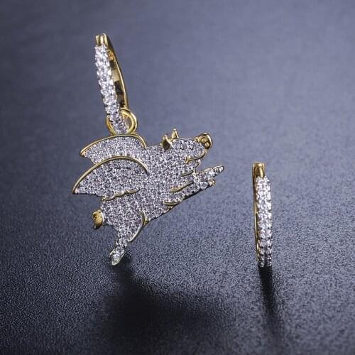 New Fashion Gold Color Asymmetric Flying Pig Earrings Micro Mosaic Zircon Hoop Earrings for Women Monacon Jewelry