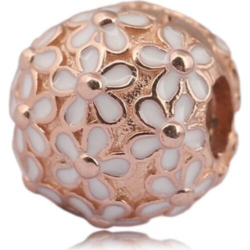 Original Rose Gold White Enamel Daisy Meadow Clip Stopper Beads Fit 925 Sterling Silver Charm Bracelet Diy Jewelry