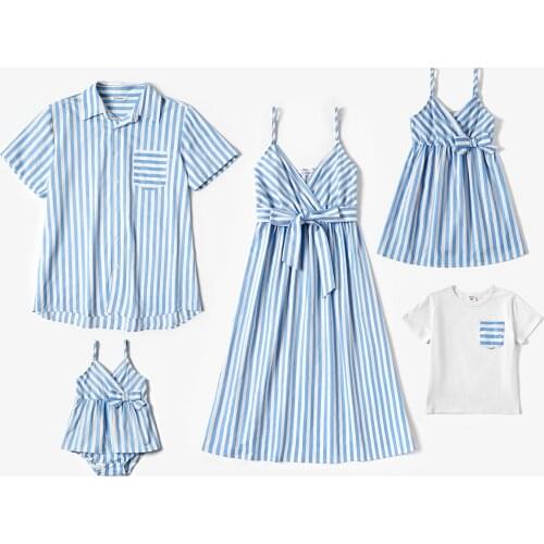 PatPat 2021 New Arrival Summer Mosaic Family Matching Blue and White Stripe Series Sets Tops Family Look Clothes