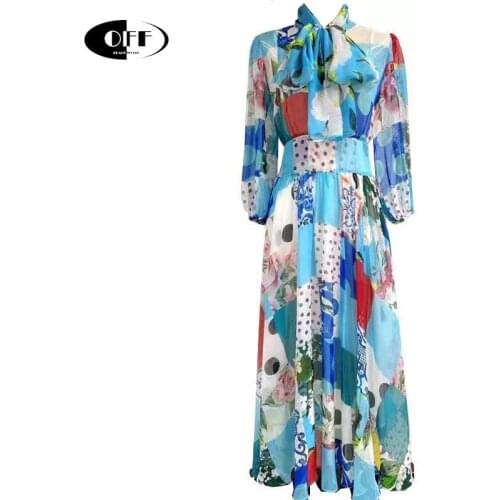 Women Long Dress Blue Elegant Vintage Dot Floral Printed Long Sleeve Slim Beach Holiday Party Dinner Lady Dresses Bow Femme Robe