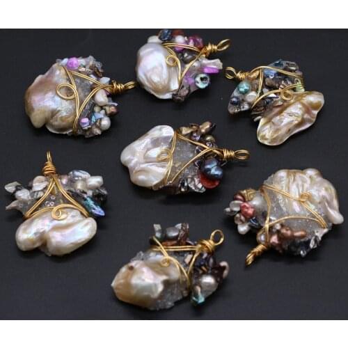 Natural Pearl Pendants Irregular Gold Color Wire Wrap Pearl Charms for Fashion Jewelry Making Reiki Heal Necklace Earrings