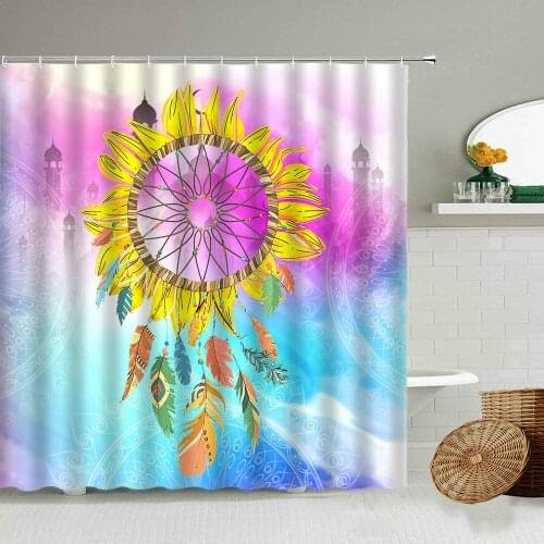 Bohemian Feather Shower Curtain Colorful Flower Bull Skull Ethnic Art Bathroom Decor With Hook Waterproof Screen Holiday Gift