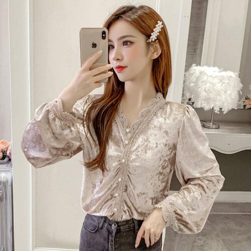2020 Spring Long-Sleeved Top Lace Velvet Shirt for Women Blusas Ropa De Mujer