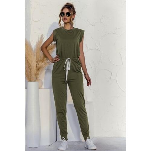Drawstring Design Pockets Decor O-Neck Sleeveless Slim Streetwear Jumpsuits Fashion Women Summer Solid Color Long Pencil Pants