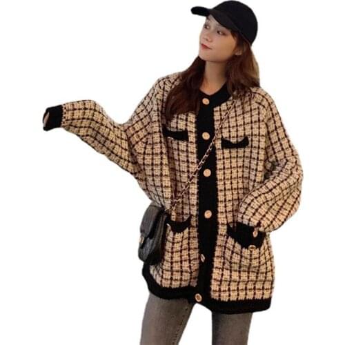 Autumn Women New Sweater Coat Retro Shirt Check Long Sleeve Single Breasted Plaid Loose Knit Cardigan Tide Ladys Spring Clothing