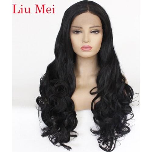 26inch Long Natural Synthetic Wigs Glueless Hair Body Wave Black Color High Temperature Fiber Synthetic Lace Front Wig For Women
