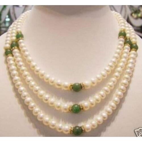 3 Rows Genuine 7-8mm White Freshwater Pearl & Green Jade Necklace 17-18