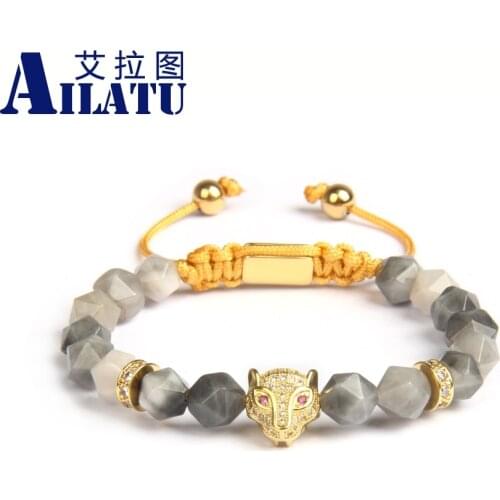 Ailatu New Clear Cz Panther Bracelet with 8mm Faceted Cut Stone Beads Top Quality Couples Leopard Jewelry Logo