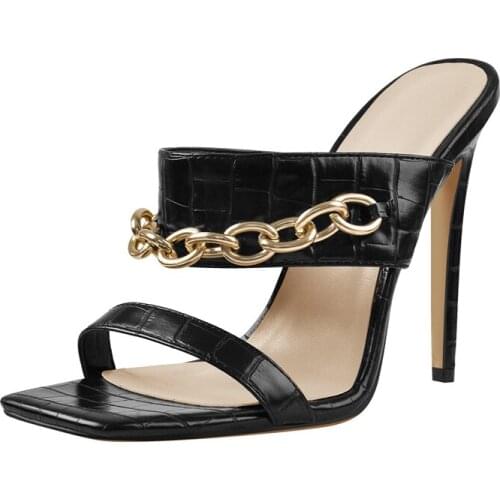 Richealnana Casual Thin High Heels Square Toe For Women Matte Black Crocodile Print Metal Chain Decoration Slip-On Sandals