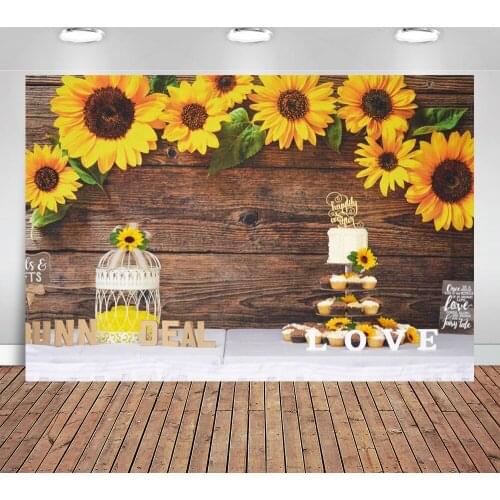Sunflower Brown Wood Backdrops for Photography Rustic Child Baby Shower Birthday Party Banner Baby Cake Smash Photo Background