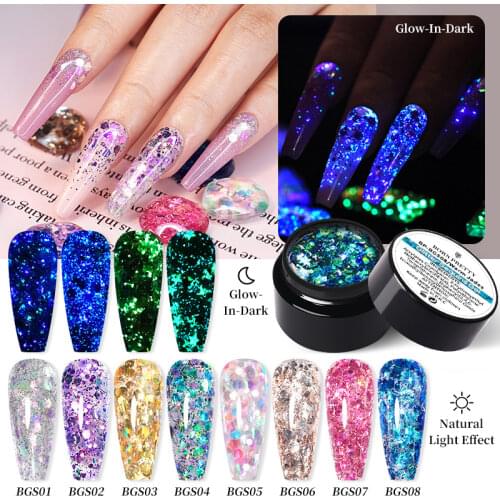 BORN PRETTY 1 Box 5g Glitter Sequins Nail Gel Glow In The Dark Effect Varnish Top Base Coat For Manicure Soak Off UV Gel Polish