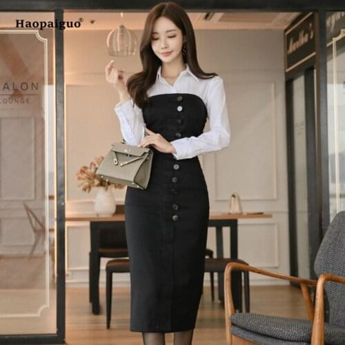 2 Piece Set Autumn Women Plus Size White Full Sleeve Turn-down Collar Shirt Top and Black Strapless Button Mid-calf Dress Ladies