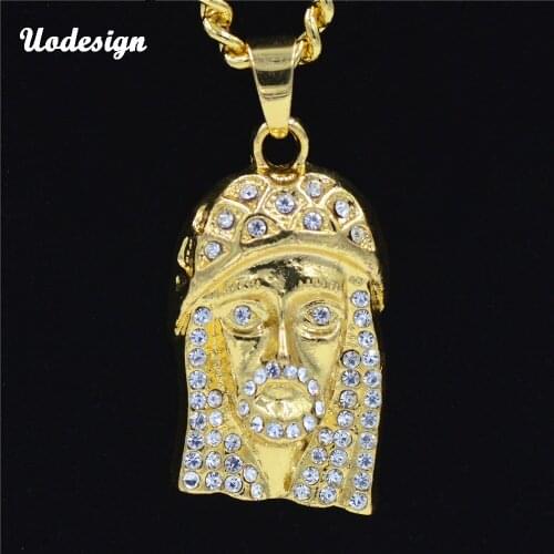 Jesus Head Pendant Necklace Iced Out Rhinestone With Hip Hop Miami Cuban Chain Gold Color Men Women Jewelry
