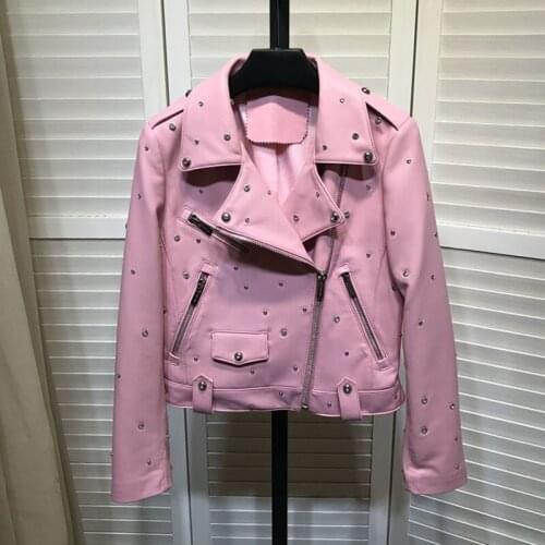 Jacket Womens Pink Spring 2021 New Arrival Genuine Leather Jackets Diamonds Real Sheepskin Coats Turn-Down Collar Clothing