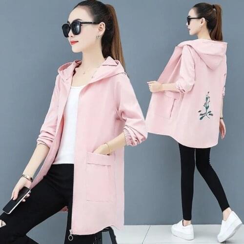 Embroidery Loose Casual Thin Hooded Coat Female Windbreaker Jacket NEW Woman Mid Long Spring Autumn Windbreakers Outerwear Tops