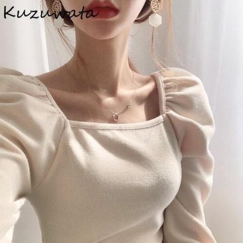Kuzuwata 2021 Solid Square Collar Puff Sleeve Women T Shirt Spring Pleated Knitted T Shirts Elegant Casual Slim Fit Ladies Tee