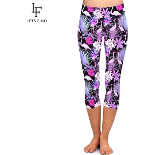 LETSFIND 3D Tropical Plants and Flowers and Flamingo Print Capri Leggings High Waist Plus Size Slim Fitness Mid-Calf Leggings