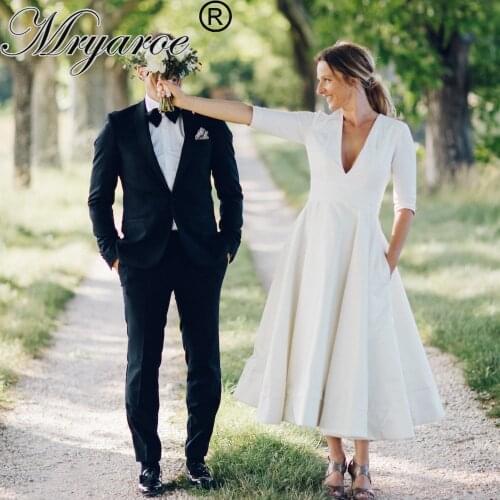 Mryarce Simple Elegant Short Wedding Dress Plunging V Neck Crepe Tea Length Dresses With Pockets Manivet Bridal Gowns
