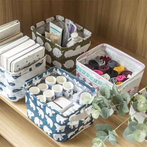 Cartoon Storage Basket DIY Desktop Organize Folding Cotton Linen Toy Makeup Storage Box Sundries Underwear Cosmetic Organizer