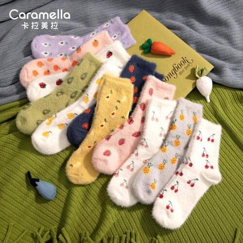 Caramella 2020 New Design Thick Women Socks 2Pairs/Lot Winter Soft Fleece Women Socks Warm Socks Sweet Fruit Pattern Hosiery