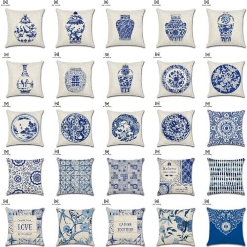 New Linen Chinese Blue White Porcelain Print Cushion Covers Modern Nordic Geometric Pillows Cover Sofa Seats Decorative Pillows