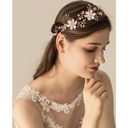 Elegant Sweetheart Bridal Headdress Golden Alloy Beads Crystal Flowers Handmade Head Band for Wedding Perform Studio Photo O578