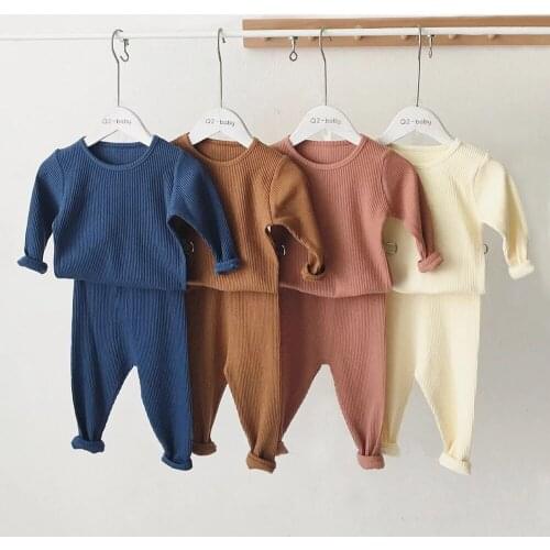 Toddler Baby Solid Pure Color Clothing Suits New Fashion Korean Style Homewear For Girl Boy Ribbed Outfits Childrens Clothes