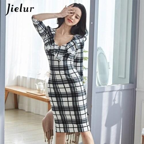 Jielur Plaid Dress Women 2021 New Autumn Chic V-neck Robe Femme Skinny Bodycon Dress Vestidos Slim Korean Dresses S-XL