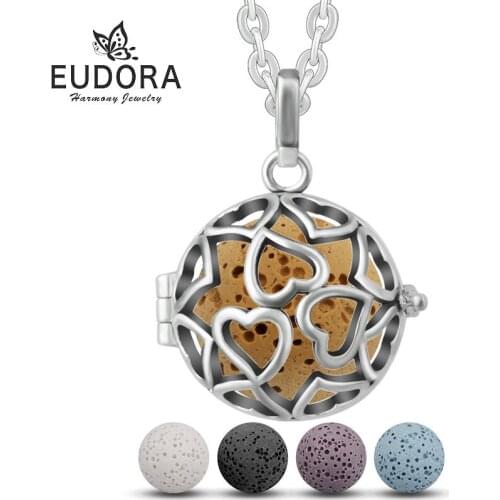 Eudora Heart to Heart Pendant fit 20mm Volcanic Lava Stone Ball Women Aroma Diffuser Openwork Locket Pendant Necklace Women Gift