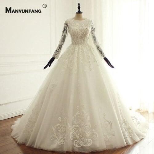 Luxury Full Sleeve Embroidery Appliques Tulle Chapel Train Bridal Ball Gown 2021 New Arrival O-Neck Zipper Back Wedding Dress