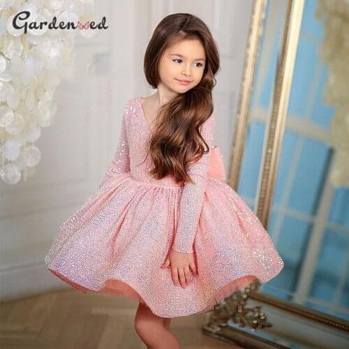 Pink Sequin Baby Girl Dress Lace Tulle Flower Girl Dresses Bow Long Sleeves First Communion Dress For Girl Birthday Kids Dresses