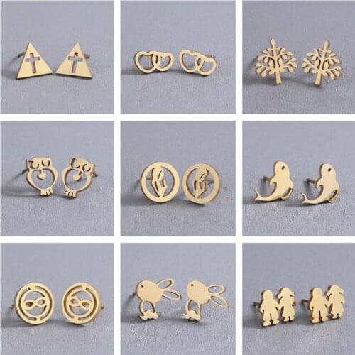 Cxwind Gold Geometric Triangle /Cross/Owl/Tree/Rabbit Stud Earring for Jesus Faith Women Stainless Steel Earings Jewelry brincos