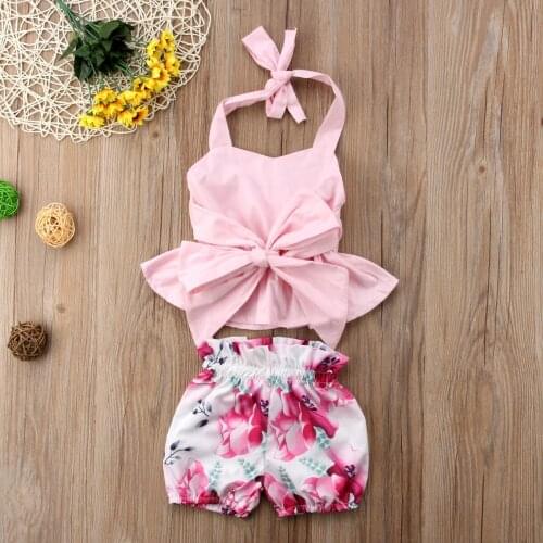 Newborn Infant Baby Girl Bow-knot Tops T-shirt Floral Shorts Pants 2Pcs Clothes