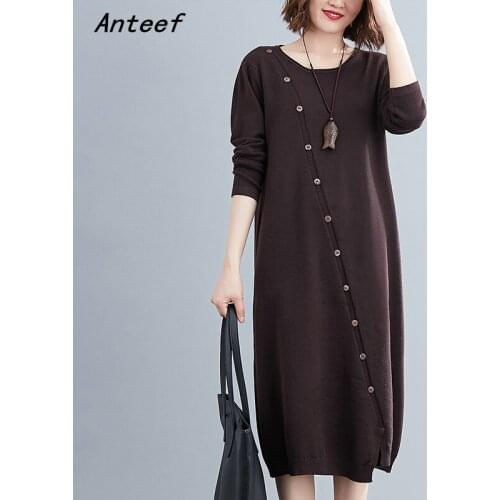 Long sleeve plus size knitted vintage women causal loose midi autumn winter sweater dress elegant clothes 2021 ladies dresses