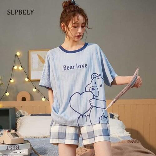 SLPBELY Womens Pajamas Pyjamas Set Summer Lovely Cartoon Bear O Neck Short Sleeve Pijama Homewear Cute Nightsuit Sleepwear