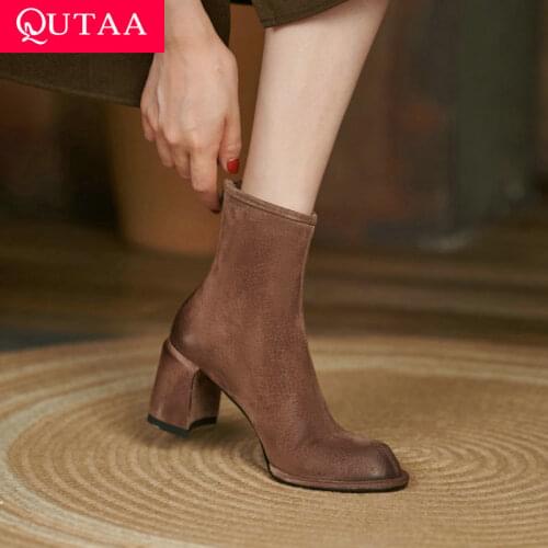 QUTAA 2020 Square High Heel Round Toe Autumn Winter Ankle Boots Genuine Leather Zipper Platform Basic Women Shoes Size 34-42