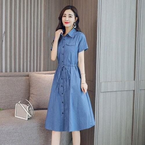 Elegant Slim Short Sleeve Office Female Dress 2021 Summer Shirt Denim Dress Women Plus Size Casual With Pocket Button Dresses
