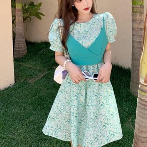 Bella 2021 new Summer Puff Sleeve Boho Dress With Tank 2 Pieces Set Vintage Female French Beach Dress Casual Holiday Party Dress