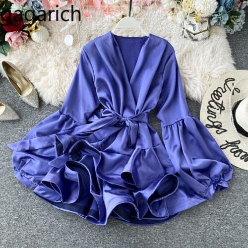 Gagarich Women French Vintage Dress Ladies Elegant Party Robe Dresses Spring New V Neck Lantern Sleeve Slim Ruffles Vestidos